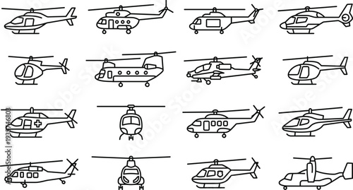 Helicopter Aircraft Line Icon Set with Rescue Chopper, Military Helicopter, Transport Aircraft and Aviation Rotorcraft Symbols Collection