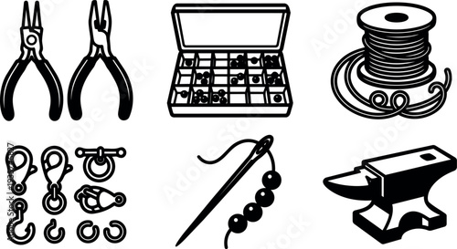 Vector art jewelry making tools pliers needle beads wire spool clasps bead box anvil close up top view studio lighting