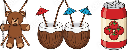Teddy Bear Puppet Marionette with Tropical Coconut Cocktails Featuring Umbrellas and Red Tomato Juice Aluminum Can Vector Illustration Design Asset Set