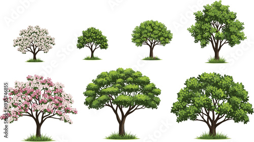Collection of seven flowering and leafy trees with pink blossoms and lush green foliage, ideal for spring and garden themes.