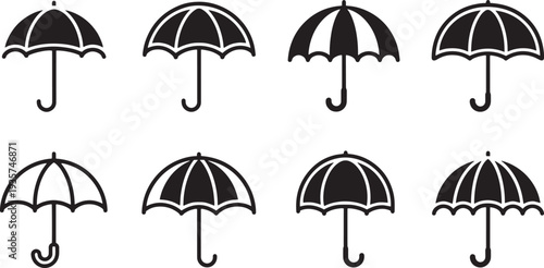 A set of vector umbrella silhouettes in line art style for design and illustration purposes