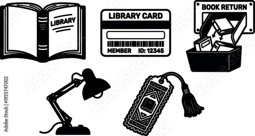 Flat design library icon set open book library card book return desk lamp tassel bookmark black silhouettes vector close up