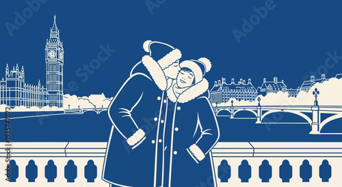 A loving couple shares a tender kiss on a charming winter evening in London, with the iconic Big Ben and Thames river bridge creating a romantic cityscape.