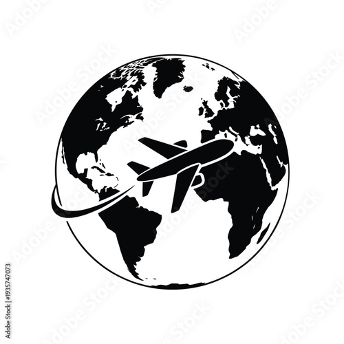 Airplane flying around the world a minimalist black and white illustration