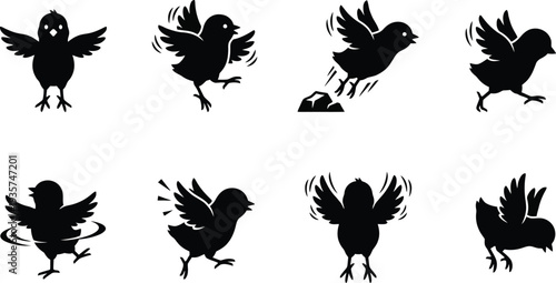 Vector illustrations of playful birds in various animated poses and actions
