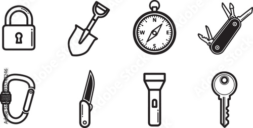 A set of vector line art silhouettes featuring various tools and objects for outdoor and security purposes