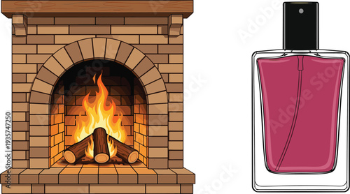 Traditional Brick Fireplace with Burning Wood Logs and Elegant Glass Perfume Spray Bottle with Pink Fragrance Liquid Vector Illustration Set