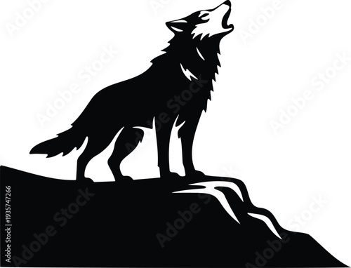 Wolf howling silhouette on cliff edge at night with moon
