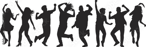 Energetic dancing silhouettes, party celebration, joyful people, nightlife fun, dance moves, festival crowd, music rhythm, social gathering, vibrant atmosphere, freedom