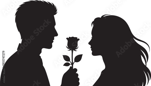 Romantic couple silhouette with rose, man giving flower to woman love relationship vector illustration concept