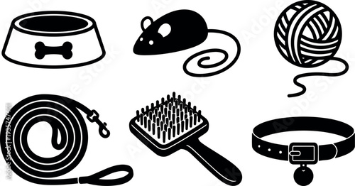 Flat design pet accessory icon set bowl mouse yarn leash brush collar simple black silhouettes for web and app