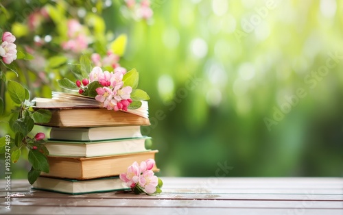 Stacked Books with Flowers in a Garden During Spring Rain at Low Angle