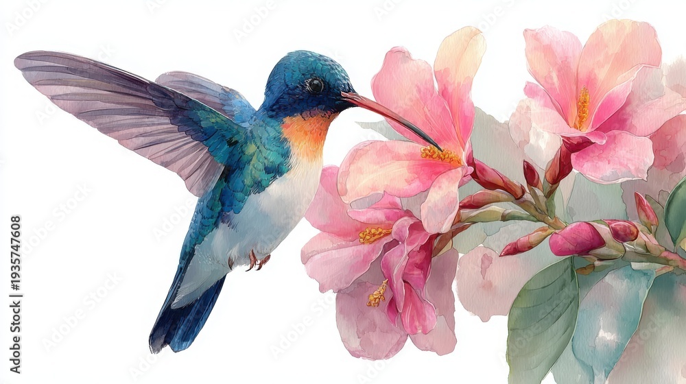 Fototapeta premium Vivid Hummingbird with Colorful Flowers in Bright Natural Setting