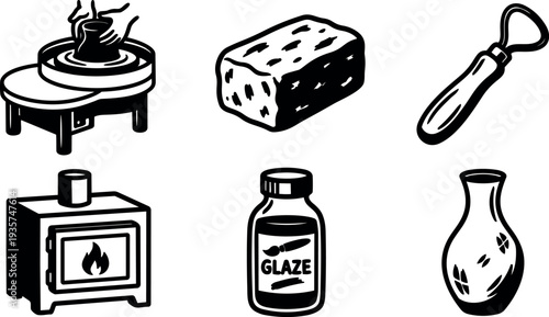 Line art pottery tool icons showing potter centering clay on wheel shaping a vase with kiln and glaze jar detail