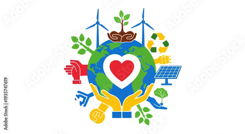 Hands protecting Earth with heart symbol surrounded by eco friendly icons
