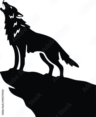 Wolf howling silhouette on cliff edge with shadow effect.