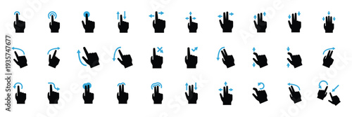 Hand cursor gesture icon collection in solid style for mobile and web interface interaction.