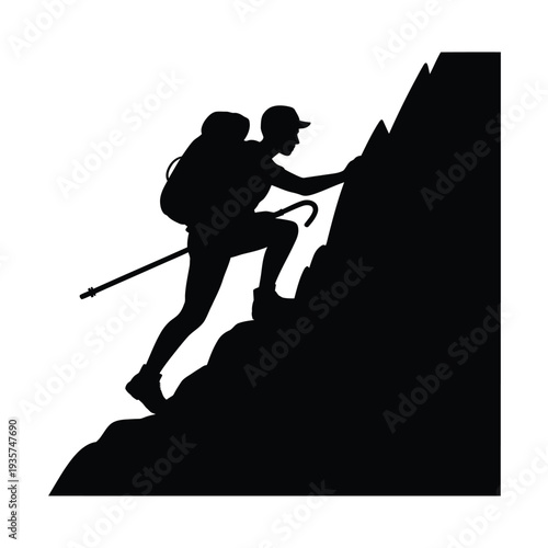 Billede på lærred Silhouette of a hiker ascending a steep rocky mountainside with a pole