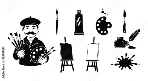 An artist s tools and portrait a black and white illustration