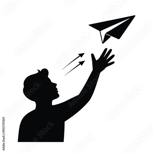 A silhouetted figure reaching for a paper airplane in flight