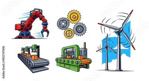 Industrial technology and manufacturing concept with robotic arm, gears, wind turbines, and assembly lines
