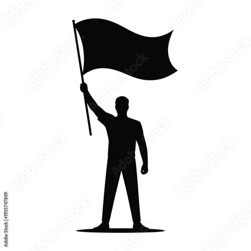 Silhouette of a person raising a black flag against a white background