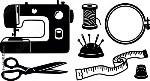Flat vector sewing tools set with vintage sewing machine scissors measuring tape spool thread embroidery hoop close up studio silhouette