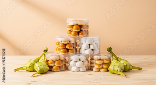 Eid al-Fitr, a carefully arranged pyramid of transparent plastic jars, each brimming with an assortment of traditional Eid cookies such as glossy pineapple tarts and powdered snow princess cookies.