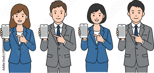Four business people holding smartphones in blue and gray suits