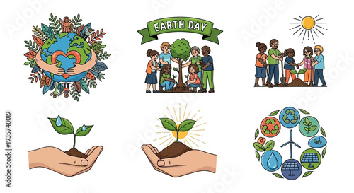 Vibrant Earth Day illustrations promoting sustainability and eco-friendly living