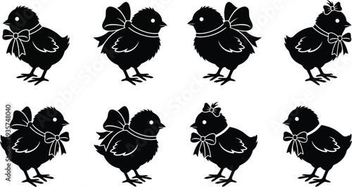 Playful black silhouette illustrations of cute chicks wearing bows, perfect for festive designs
