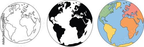 Illustration of planet Earth in outline black and white and colored versions
