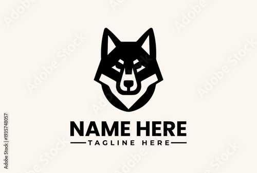 Black and white logo illustration of a wolf's head with placeholder text on a beige background, featuring a vector icon design.