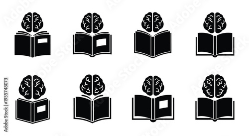 Black and white icons depicting brains reading open books repeated pattern