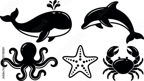 Flat design black silhouette sea animals arranged with whale dolphin octopus starfish and crab vector icon set side view minimal