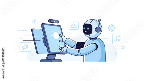 Robot interacting with touchscreen panel in modern workspace