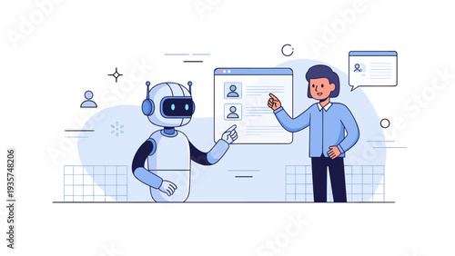 Young caucasian male engages with humanoid robot in a futuristic digital workspace