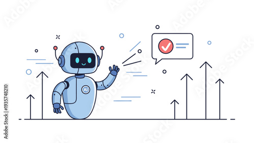 Friendly robot with ai logo waving among growth arrows and checkmark icon