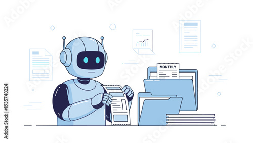 Cartoon robot organizing documents: monthly report management and administration