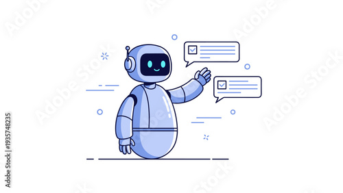 Friendly cartoon robot interacting with speech bubbles