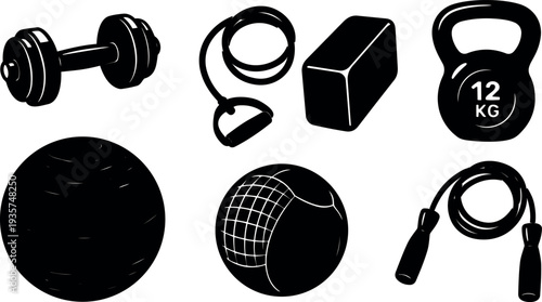 Minimalist vector gym equipment icons set dumbbell kettlebell yoga block medicine ball jump rope resistance band black silhouettes flat design