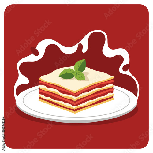 A piece of lasagna on a plate with a sprig of basil. The background behind the plate is an abstract splash of solid dark red. The shape is irregular, the edges soft, organic, sauce-like.