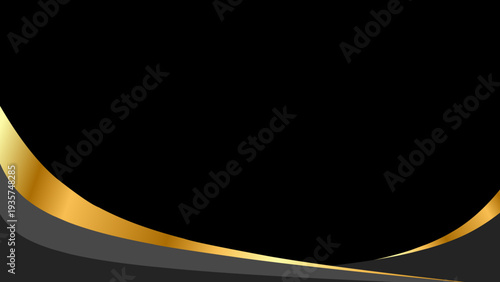 Elegant abstract black background with flowing golden and dark gray wave design, creating a luxurious and sophisticated modern visual for presentations, banners, or digital layouts