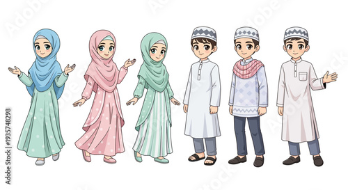 Diverse group of happy Muslim children in traditional clothing standing together