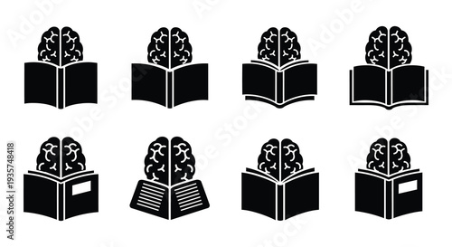 Black and white icons depicting brains reading open books repeated pattern
