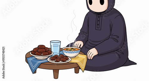 Man in traditional attire enjoying a meal with dates and soup