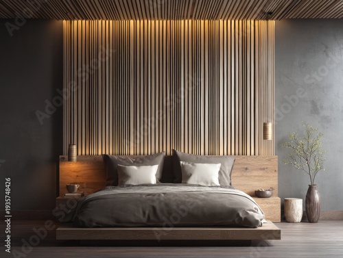 Modern bedroom features warm wooden paneling. Bed rests on a minimalist wooden platform. Soft lighting enhances the cozy ambiance. Neutral tones create a serene atmosphere