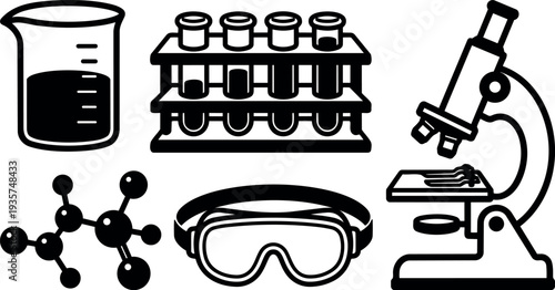 Flat design laboratory science icons beaker test tubes microscope molecular model safety goggles chemical glassware research equipment vector set outline