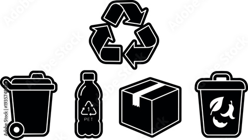 Flat design black recycling icons with pet bottle cardboard box trash bin compost bin arranged in row minimal vector silhouette