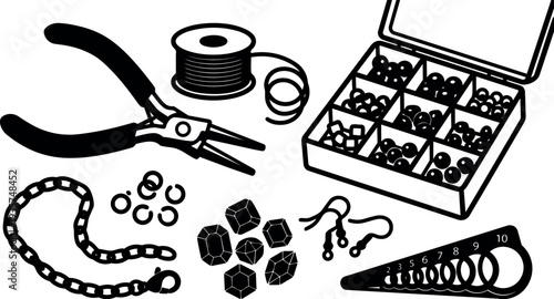 Flat vector close up of jewelry making tools pliers beads chain organizer ring sizer top view loose components silhouette black